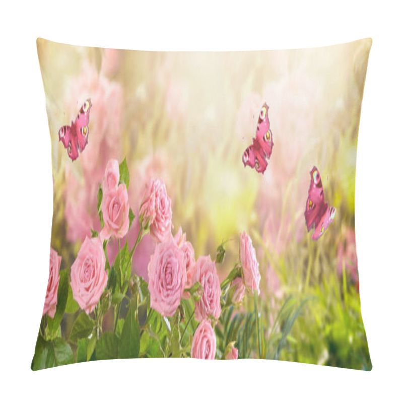 Personality  Fabulous Blooming Pink Rose Flower Summer Garden And Flying Fantasy Peacock Eye Butterflies On Blurred Sunny Shiny Glowing Background, Mysterious Fairy Tale Spring Floral Wide Panoramic Holiday Banner Pillow Covers