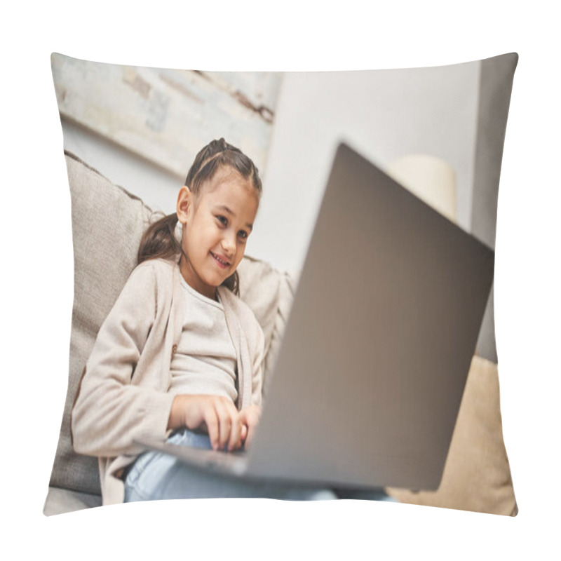 Personality  Joyful Elementary Age Girl Sitting On Sofa And Using Laptop In Modern Living Room, E-learning Pillow Covers