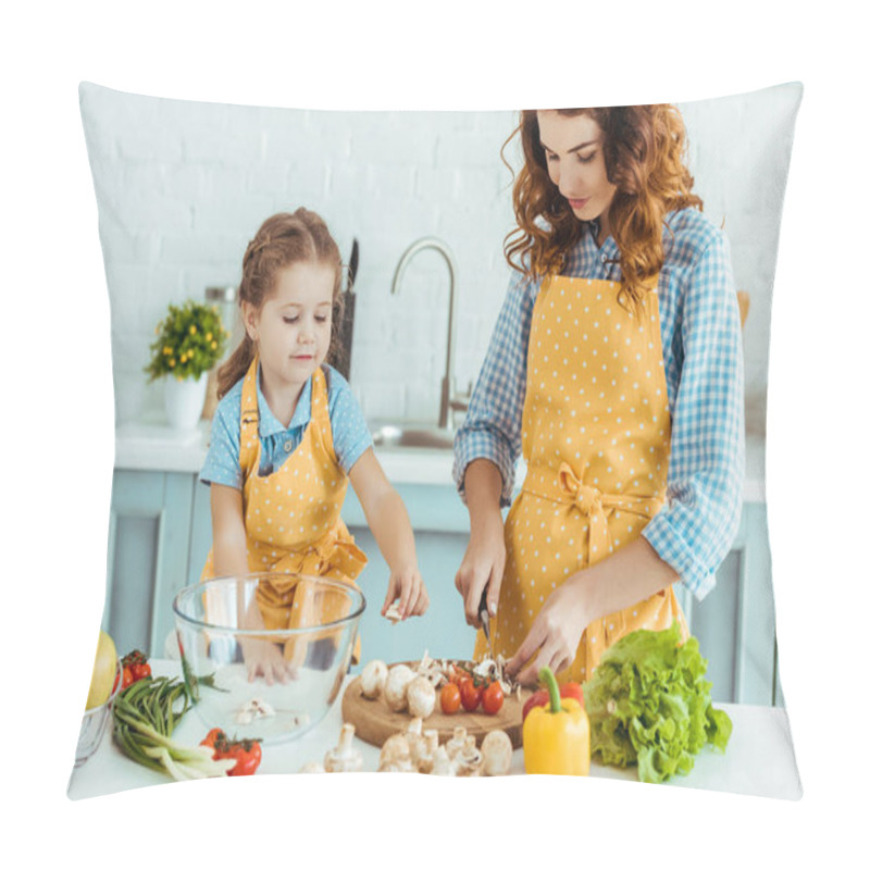 Personality  Cute Daughter Helping Mother Cooking Vegetables At Kitchen Pillow Covers