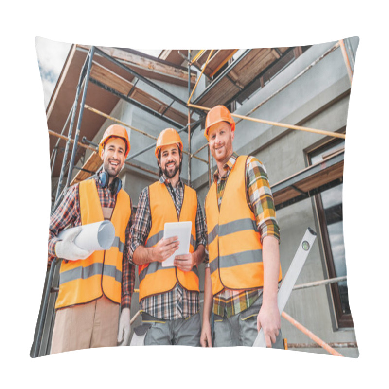 Personality  Bottom View Of Group Of Smiling Builders With Blueprint And Tablet Looking At Camera At Construction Site Pillow Covers