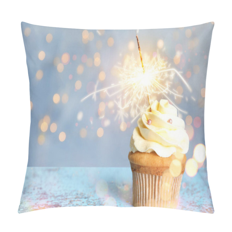 Personality  Beautiful Birthday Cupcake With Sparkler On Blue Table Against B Pillow Covers