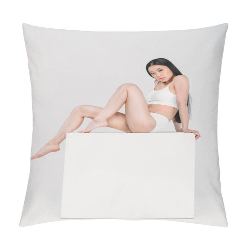 Personality  Attractive Asian Girl In Lingerie Sitting On White Cube, Isolated On Grey  Pillow Covers