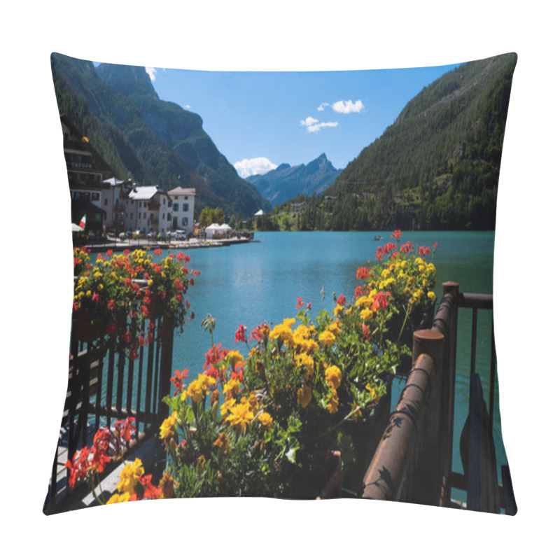 Personality  Carezza Lake With The Village In The Background And Some Yellow Flowers In The Foreground Pillow Covers