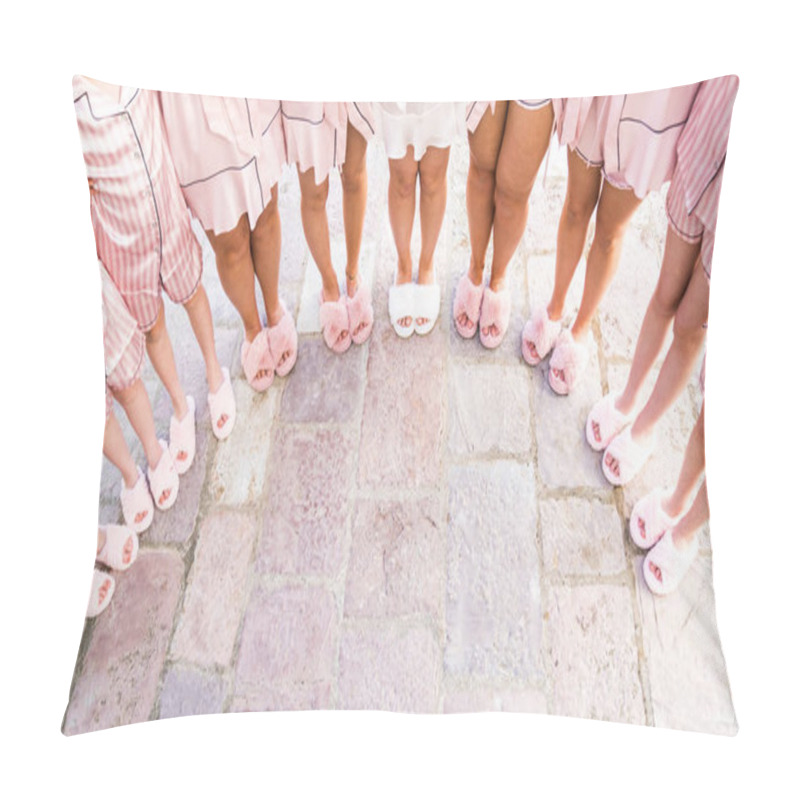 Personality  Bride And Bridesmaids Stand In Pajamas And Slippers On The Tiles In A Semicircle. Cropped. Faceless. High Quality Photo Pillow Covers