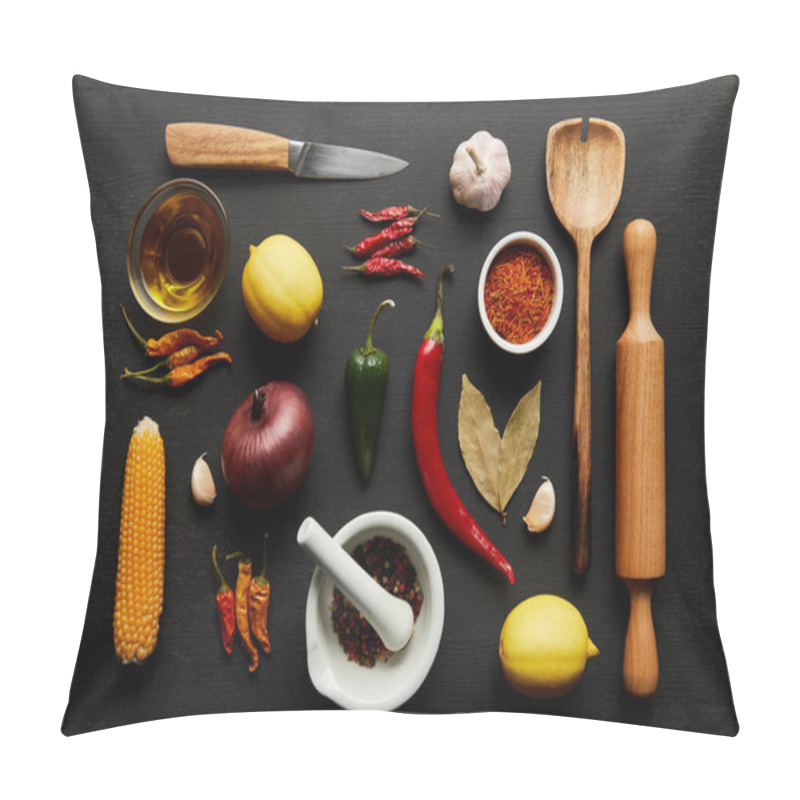 Personality  Top View Of Kitchenware With Organic Vegetables And Spices On Black Wooden Background Pillow Covers