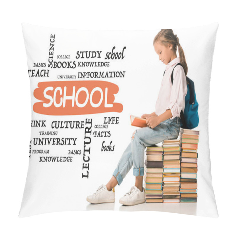 Personality  Cheerful Schoolkid Sitting On Books And Reading Near Lettering On White  Pillow Covers