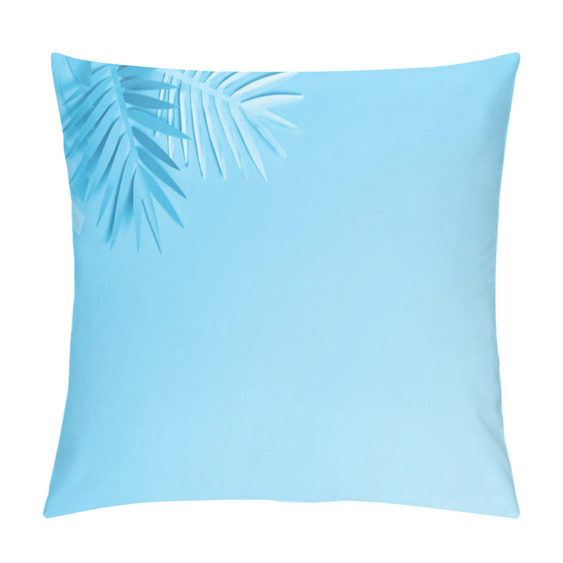 Personality  Blue Minimalistic Paper Cut Palm Leaves On Blue Background With Copy Space Pillow Covers