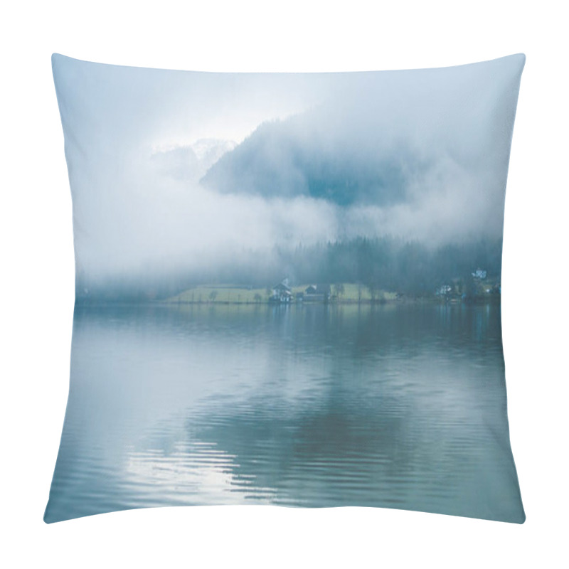 Personality  Cottages And Villas Seen Through The Dense Fog Covering Water Of Lake. Shadows Of The Trees Reflected In Water. Sleepy Misty Landscape Pillow Covers