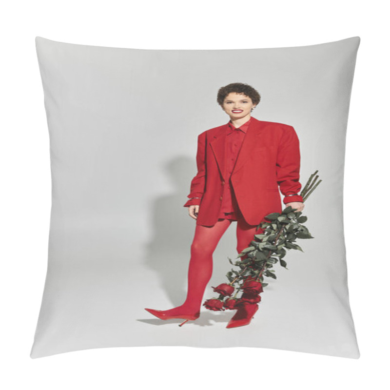 Personality  A Striking Young Woman Dressed In Red Attire Poses Confidently While Holding Fresh Roses. Pillow Covers