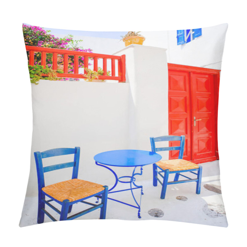 Personality  Outdoor Cafe With Blue Chairs On Street Of Typical Greek Traditional Village On Mykonos Island, Europe Pillow Covers