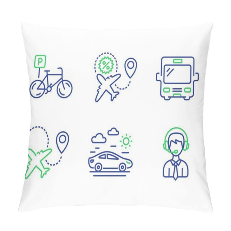 Personality  Airplane, Bicycle Parking And Flight Sale Icons Set. Bus, Car Travel And Shipping Support Signs. Vector Pillow Covers