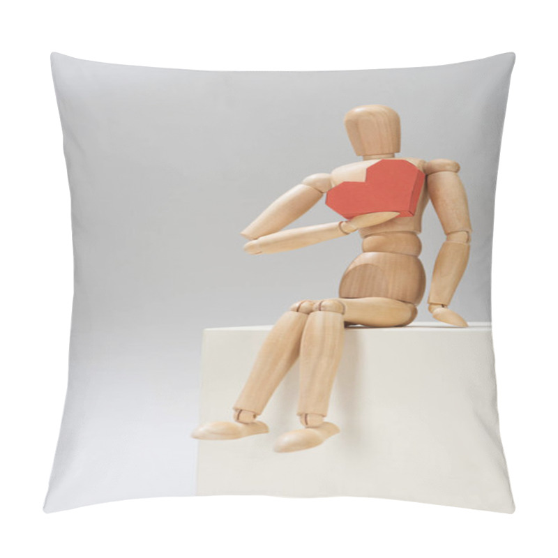 Personality  Wooden Puppet With Red Paper Heart On Stand On Grey Background Pillow Covers