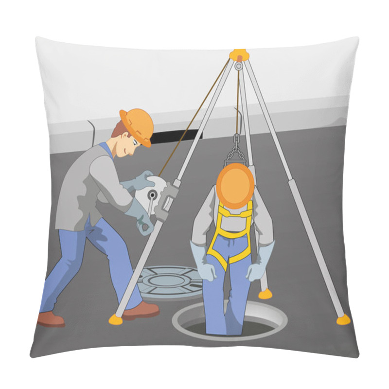 Personality  Illustration Representing Two Workers Checking The Sewer Pipe Descend With The Help Of Safety Equipment For Sewage Pillow Covers