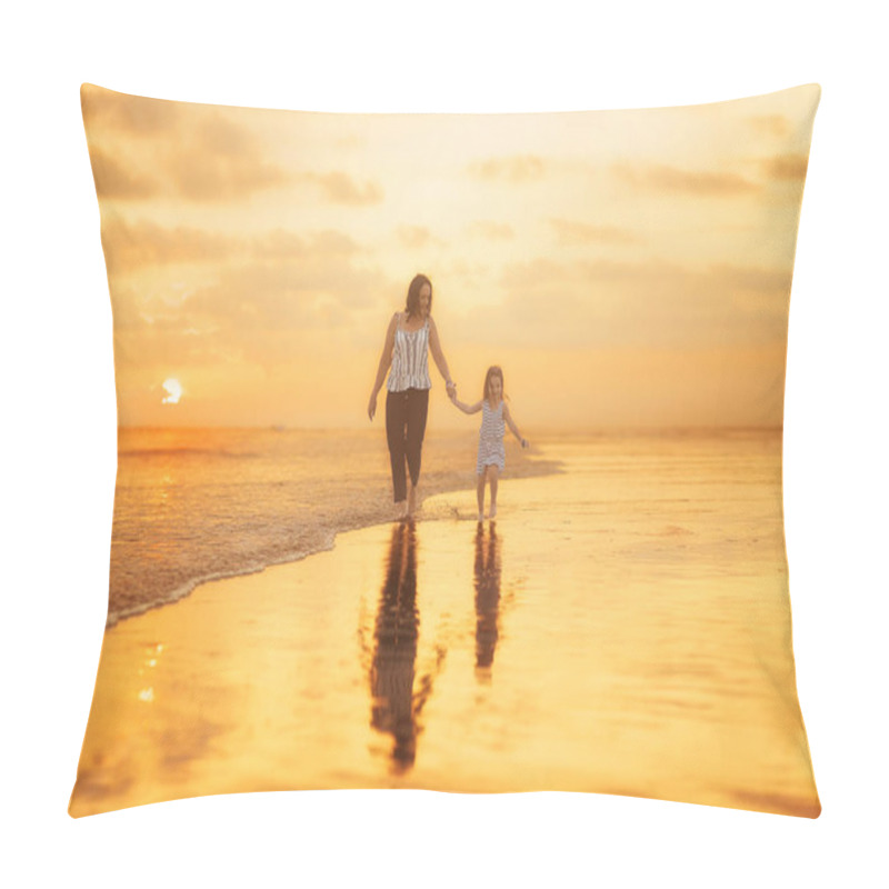 Personality  Full Length Shot Of Mother And Daughter Walking On The Beach Together At The Sunset  Pillow Covers