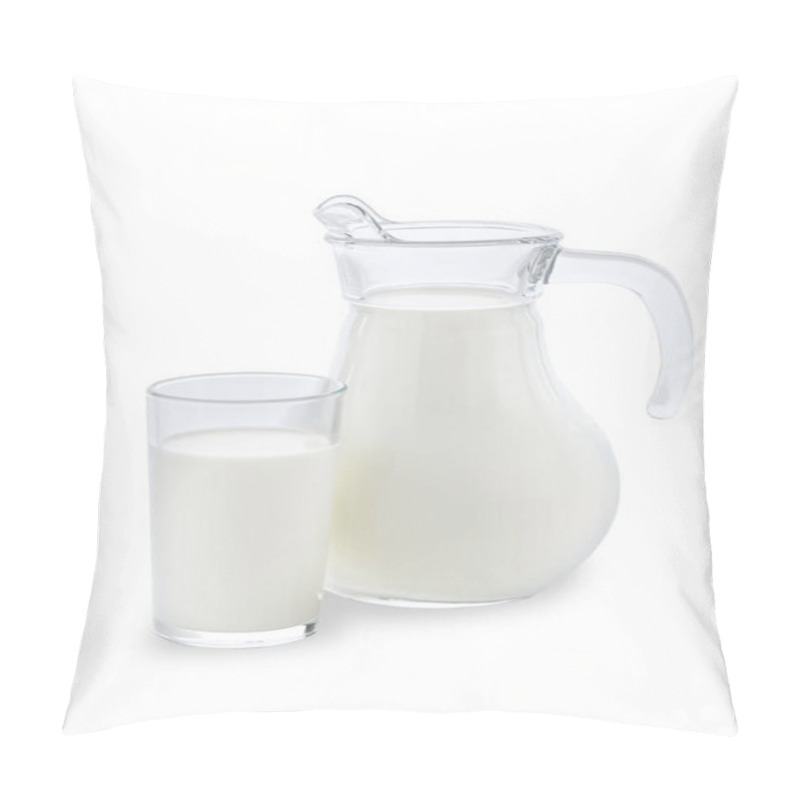 Personality  A Jug And A Glass Completely Filled With Fresh Cow Milk Stand On A Clean White Background. Pillow Covers