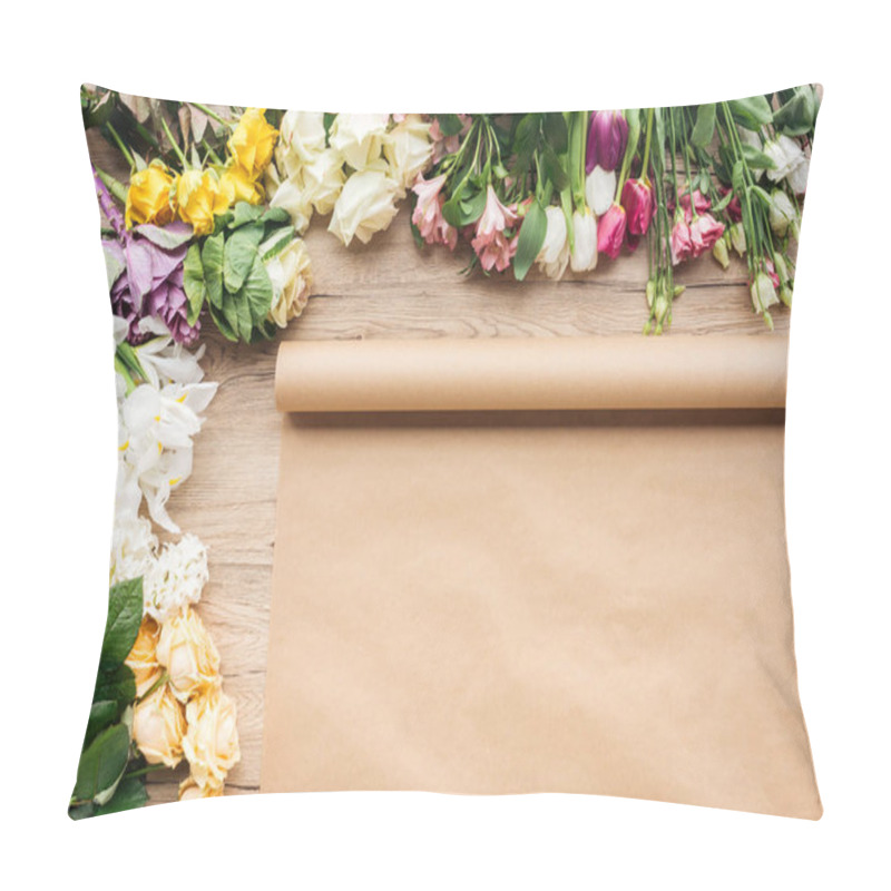 Personality  Top View Of Craft Paper And Fresh Flowers On Wooden Surface Pillow Covers