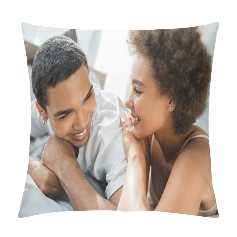 Personality  Joyful African American Couple Smiling At Each Other On Bed At Home Pillow Covers