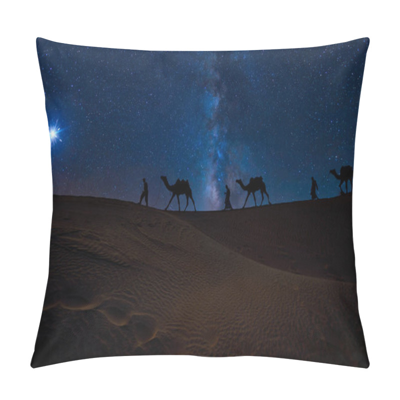 Personality  Christmas Jesus Birth Concept - Adoration Of The Magi, Three Wise Men, Three Kings, And The Three Biblical Magi With Camel Silhouettes Journeying In Sand Dunes Of Desert Follow Bethlehem Star At Night Pillow Covers