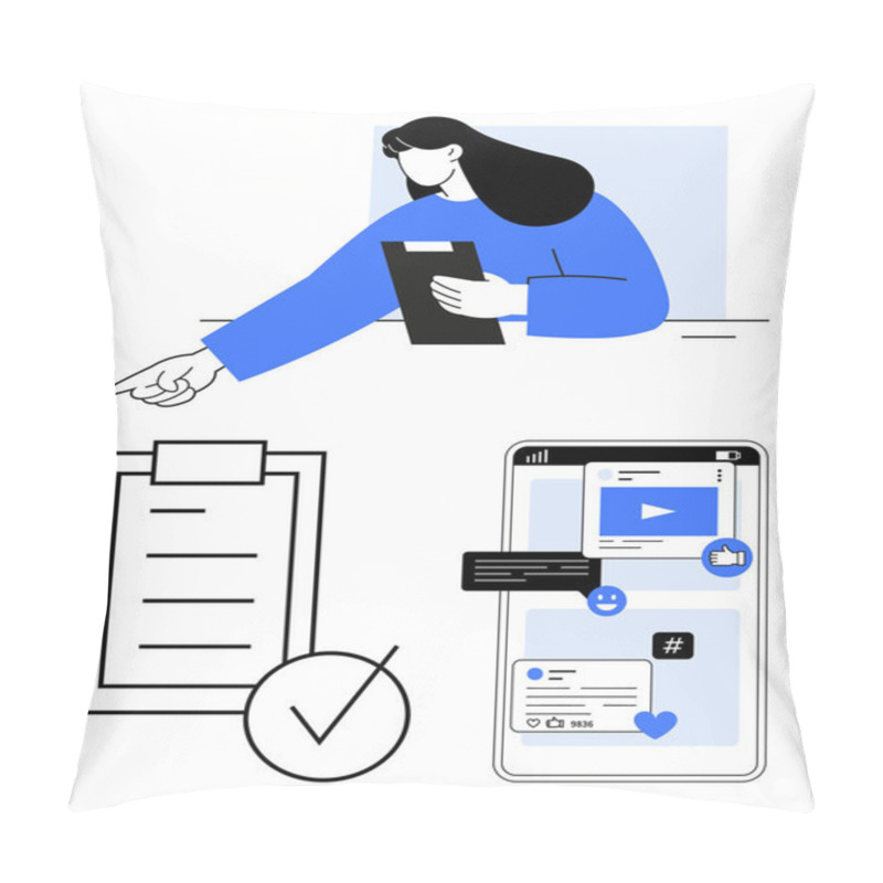 Personality  Woman Pointing With Clipboard, Checklist With Tick Mark, Smartphone Showing Thumbs Ups, Comments, Metadata Tags. Ideal For Teamwork, Productivity, Social Media, Task Management Organization Digital Pillow Covers