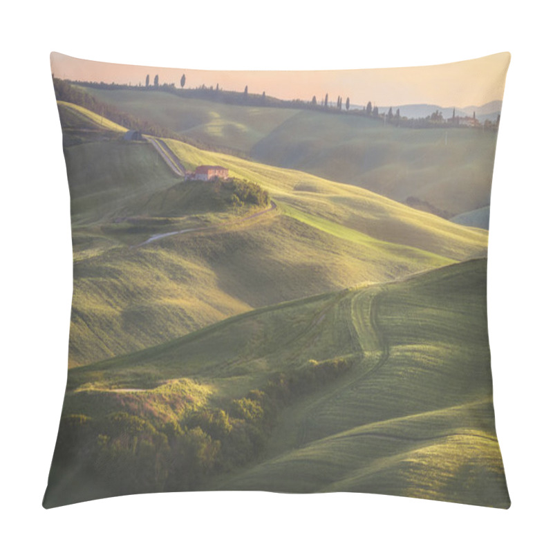 Personality  Ruin On The Rolling Hills Of Crete Senesi At Sunset. Spring Landscape In Monte Sante Marie, Province Of Siena, Tuscany Region, Italy Pillow Covers