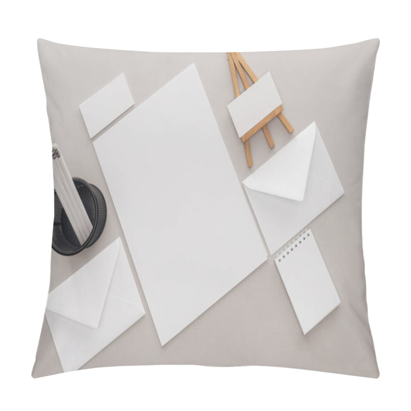 Personality  Flat Lay With Blank Cards And Stationery On Grey Background Pillow Covers