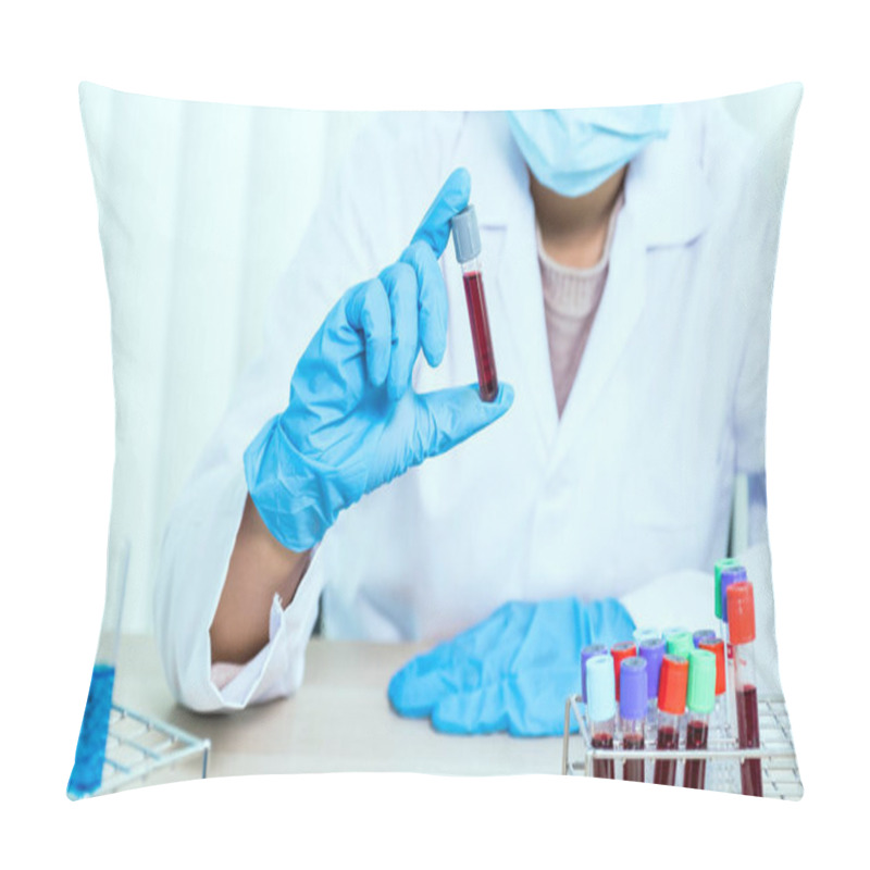 Personality  Doctor's Hand Holding A Sample Blood Tube For Analysis And Test Virus Disease In The Laboratory, This Research Is Plasma Biomedicine For Diagnostic Medical Healthcare. Pillow Covers