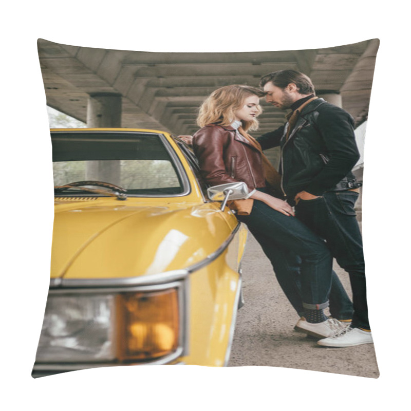 Personality  Side View Of Beautiful Sensual Young Couple Hugging While Leaning At Yellow Car Pillow Covers