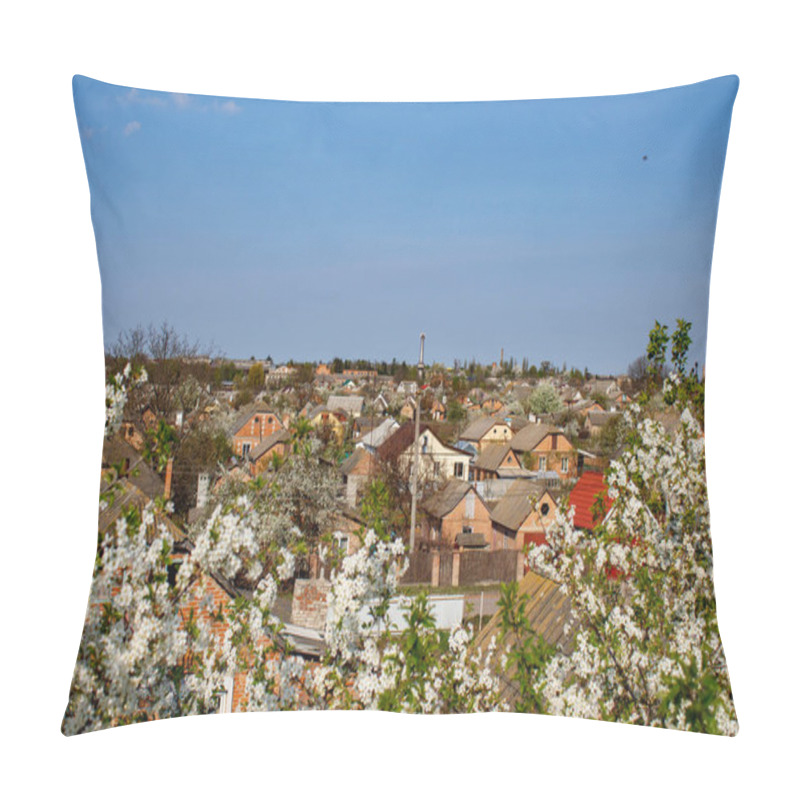 Personality  A View Of A City With A Lot Of Houses And Trees In Bloom. Pillow Covers