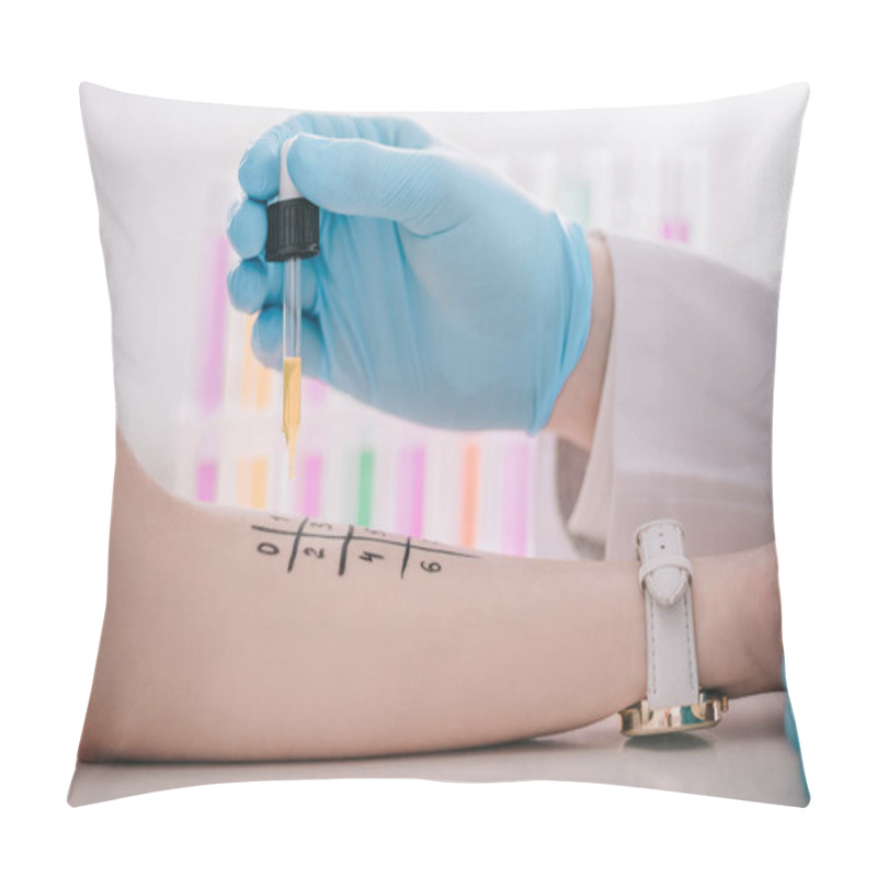 Personality  Cropped View Of Doctor In Latex Gloves Holding Pipette With Liquid Near Marked Female Hand Pillow Covers