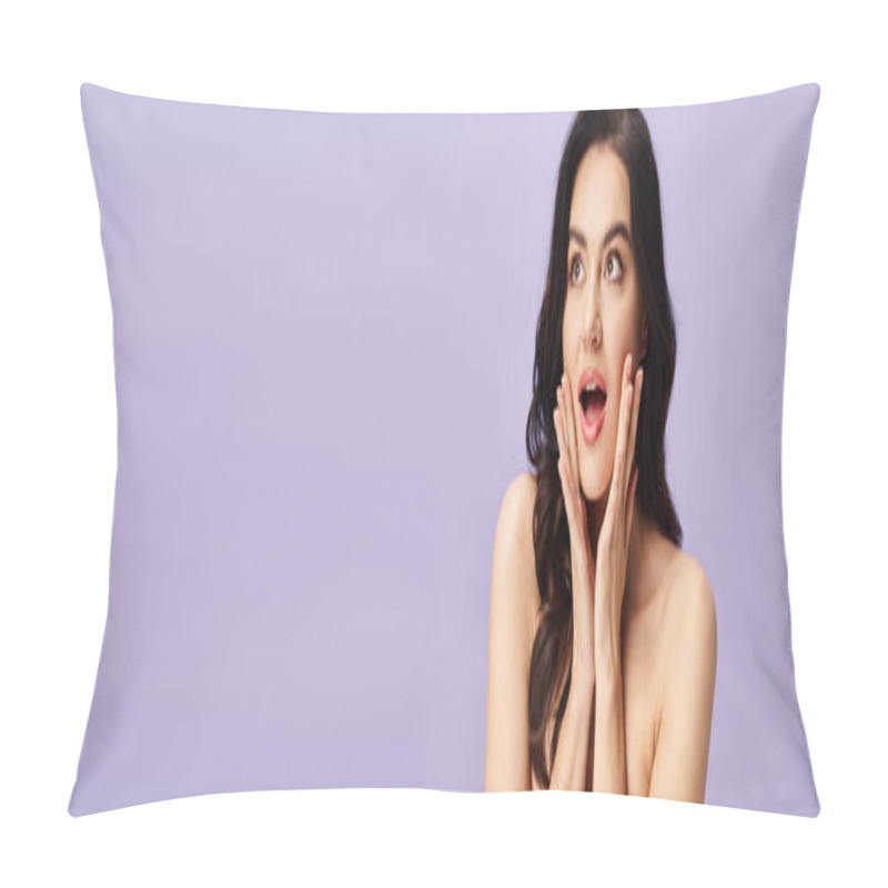 Personality  A Stunning Woman With Natural Beauty, With Makeup, Looks Surprised. Pillow Covers