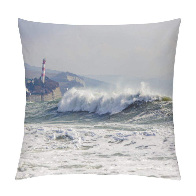 Personality  Beautiful, Big Storm Waves At The Entrance To Gelendzhik Bay. In The Background, The Lighthouse Tower On A Steep Steep Bank. Pillow Covers