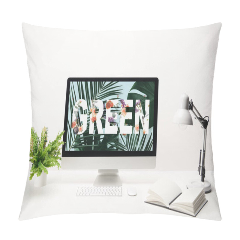 Personality  Computer With Green Lettering And Tropical Leaves On Monitor On Desk On White Background Pillow Covers