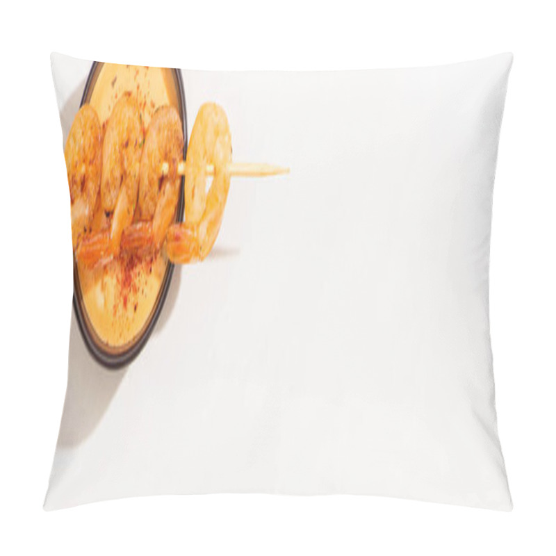 Personality  Top View Of Delicious Fried Prawns On Skewer With Sauce On White Background, Panoramic Shot Pillow Covers