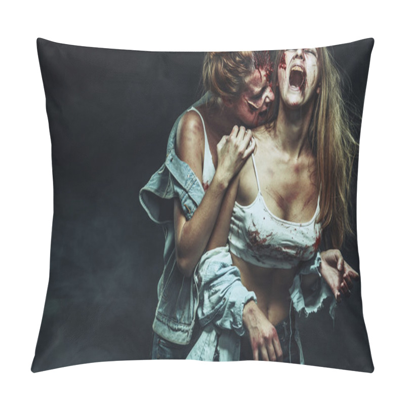 Personality  Horror Zombies Fighting With Woman. Close-up Portrait Of Horrible Vampire Girl. Halloween Holiday. Pillow Covers