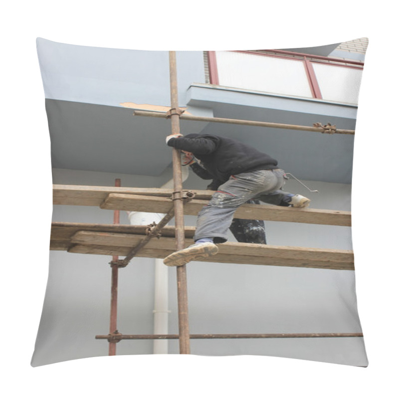 Personality  Construction Workers Climbs On Scaffolding 2 Pillow Covers