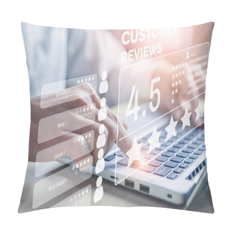 Personality  Customer Review Satisfaction Feedback Survey Concept. User Give Rating To Service Experience On Online Application. Customer Can Evaluate Quality Of Service Leading To Reputation Ranking Of Business. Pillow Covers