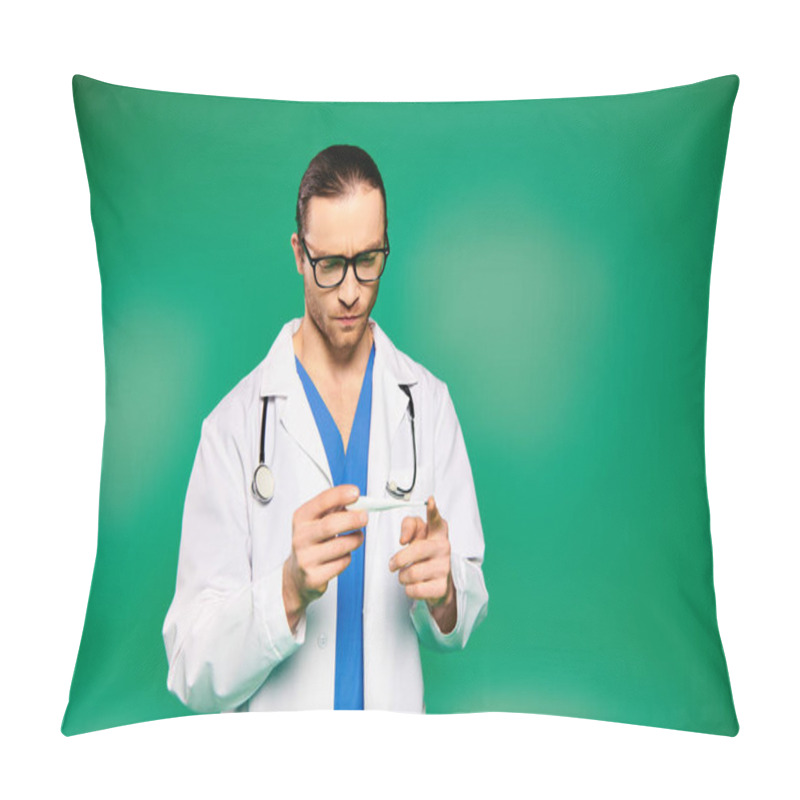 Personality  A Male Doctor In White Coat And Glasses Examines Thermometer Intently. Pillow Covers