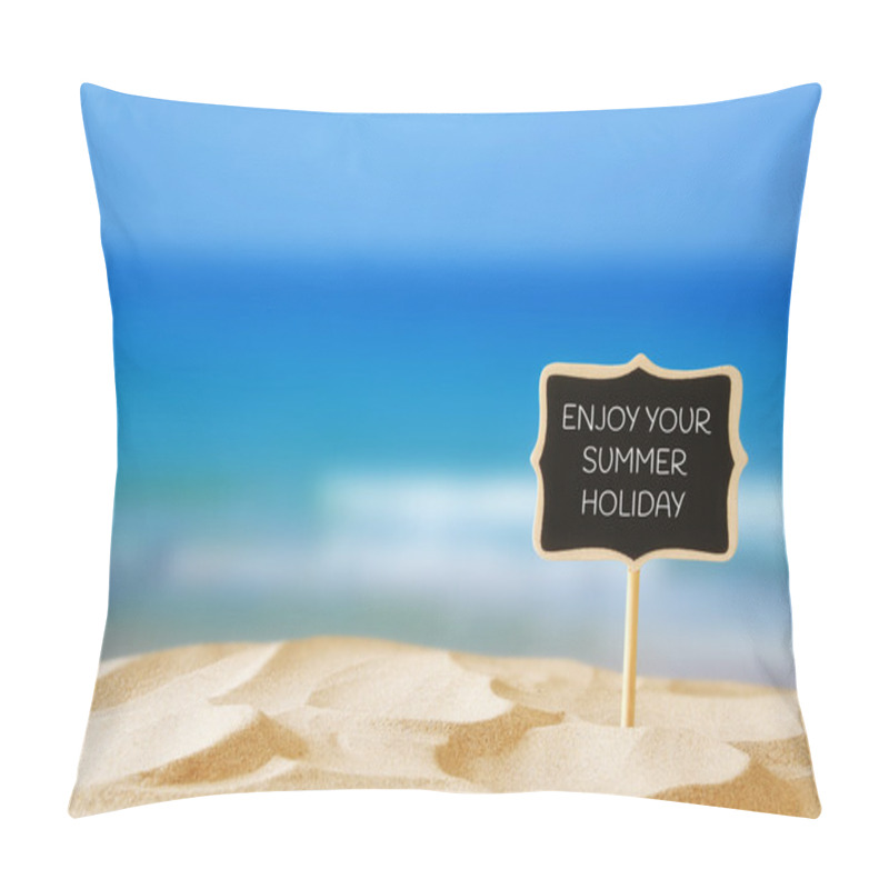 Personality  Tropical Sandy Beach And Blank Wooden Chalkboard Sign With Quote Pillow Covers