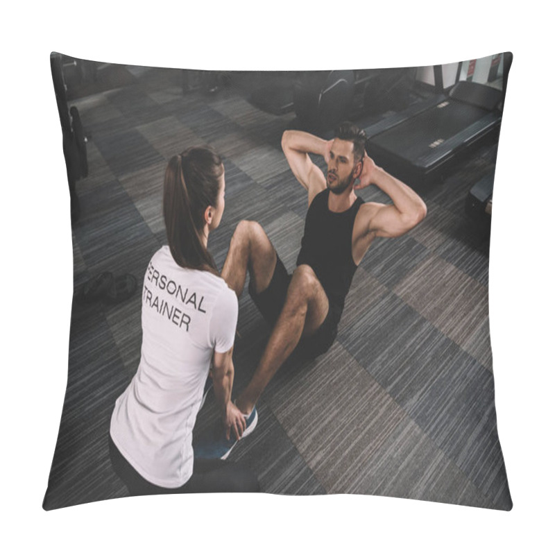 Personality  Young Trainer Supporting Handsome Sportsman Doing Push Ups Pillow Covers