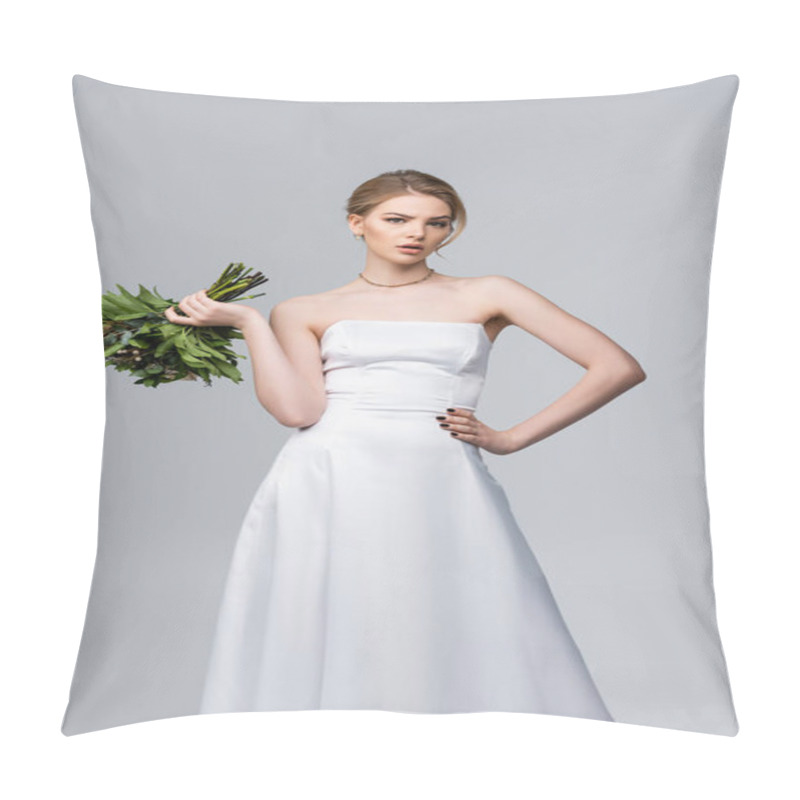 Personality  Attractive Bride In White Dress Holding Wedding Flowers And Standing With Hand On Hip Isolated On Grey  Pillow Covers