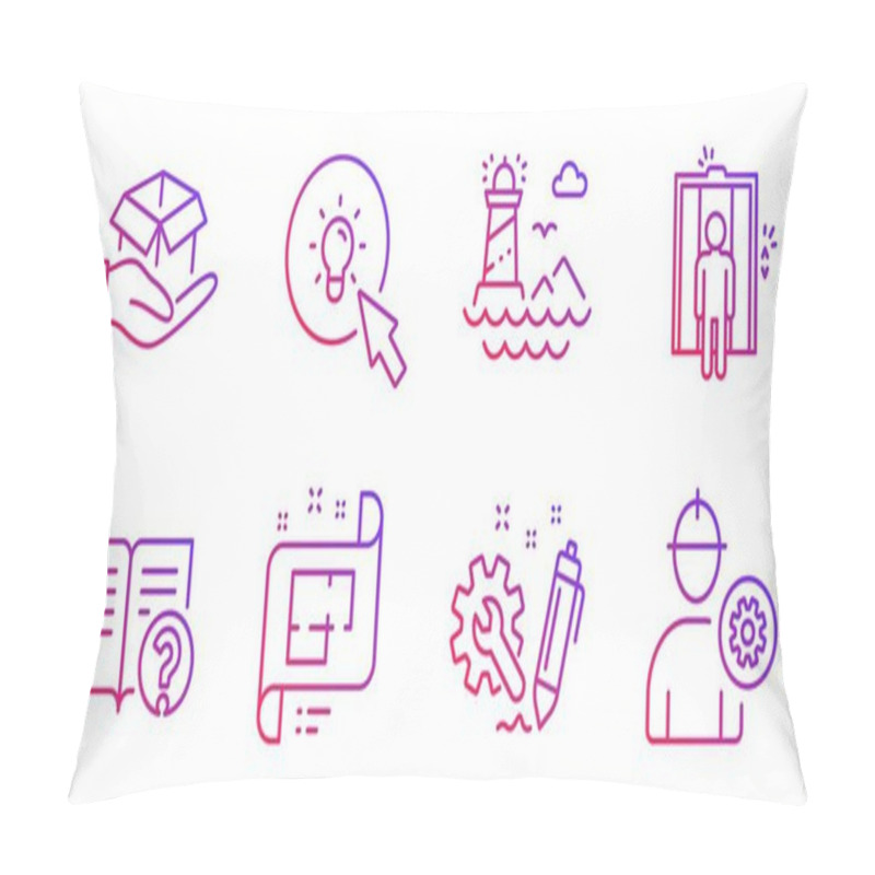 Personality  Energy, Engineering And Lighthouse Icons Set. Hold Box, Help And Elevator Signs. Vector Pillow Covers