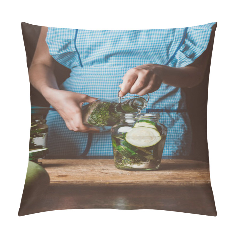 Personality  Cropped Image Of Woman Preparing Preserved Zucchini And Pouring Water Into Jar At Kitchen Pillow Covers