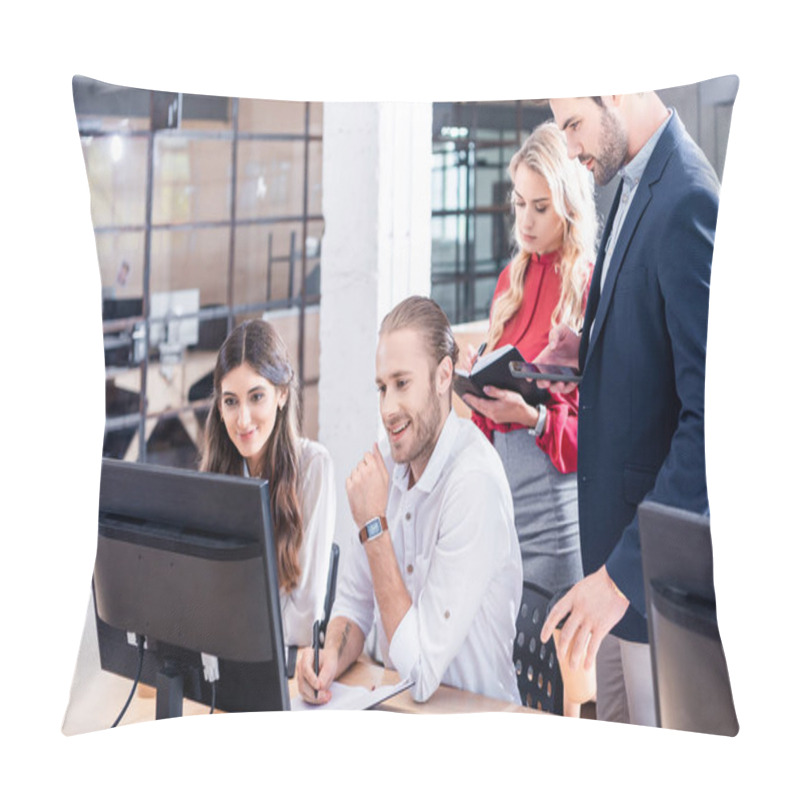 Personality  Young Business Colleagues Working On Business Project Together At Workplace With Computer Screen In Office Pillow Covers