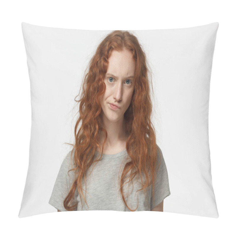 Personality  Horizontal Closeup Photo Of Teenage Redhead European Girl Isolated On White Background Frowning And Curling Her Lips Showing Deep Mistrust And Doubt As If Disagreeing With What She Hears Or Sees Pillow Covers