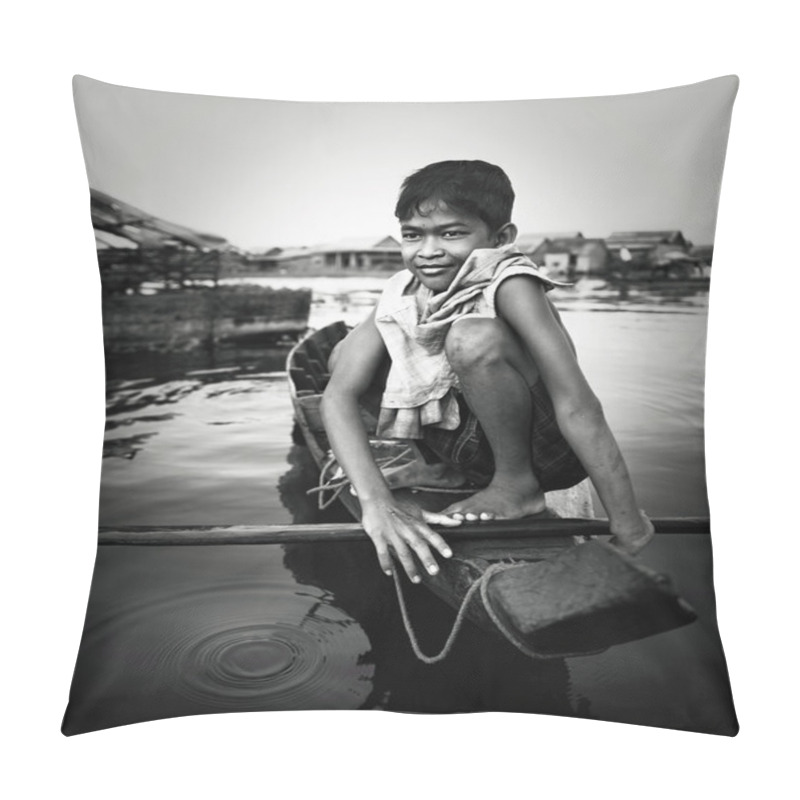 Personality  Boy Traveling By Boat In Floating Village Pillow Covers