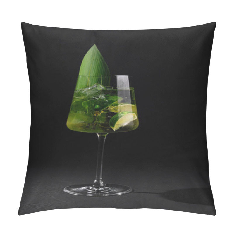 Personality  Elegant Stemware Glass With A Vibrant Cocktail Garnished With Lime And A Tropical Leaf On A Dark Background Pillow Covers