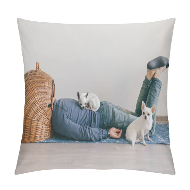 Personality  Unknown Male Lying On Yoga Mat. Head In Wicker Doghouse. Man In Fashionable Clothing. Weird Odd Bizarre Strange Unusual Headless Guy. Little Mexican Chihuahua Puppies Sleeping At Home. Homeless Dogs. Pillow Covers