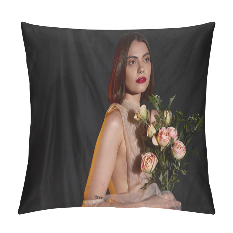 Personality  Attractive Young Woman In Romantic Transparent Dress Holding Blooming Roses On Black Backdrop Pillow Covers