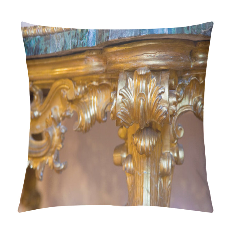 Personality  Detail Of An Antique Golden Wooden Italian Furniture Just Restored With Floral Decorations. Pillow Covers