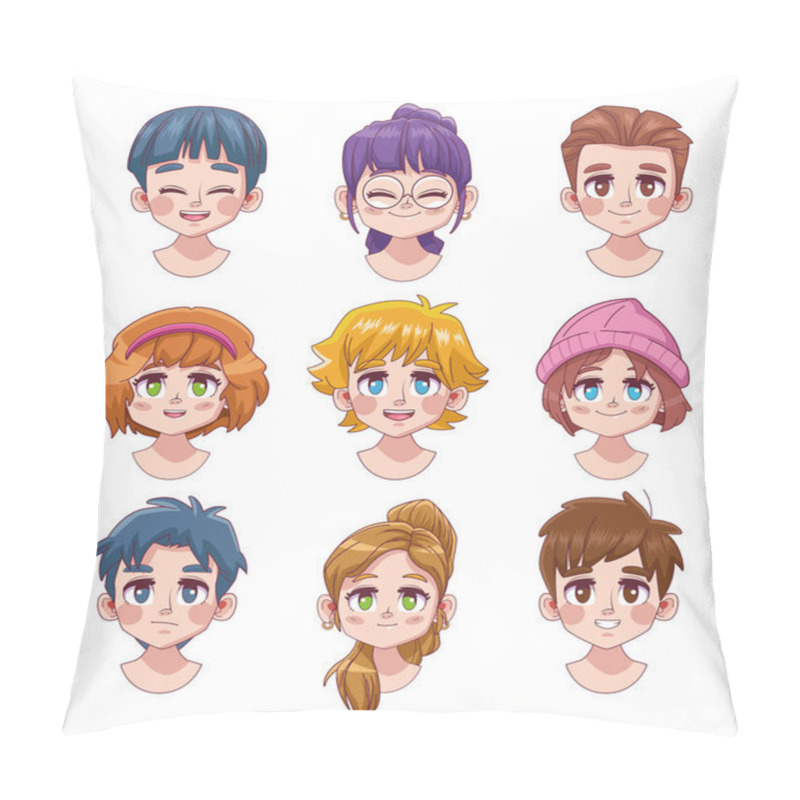 Personality  Group Of Nine Cute Youngs Teenagers Manga Anime Characters Pillow Covers